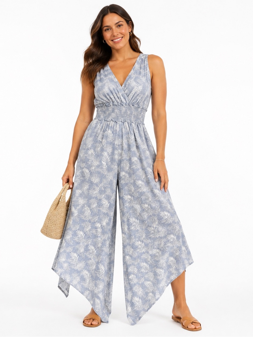 Final Touch Blue Tropical Palm Print Wide Leg Jumpsuit Medium Made in USA
